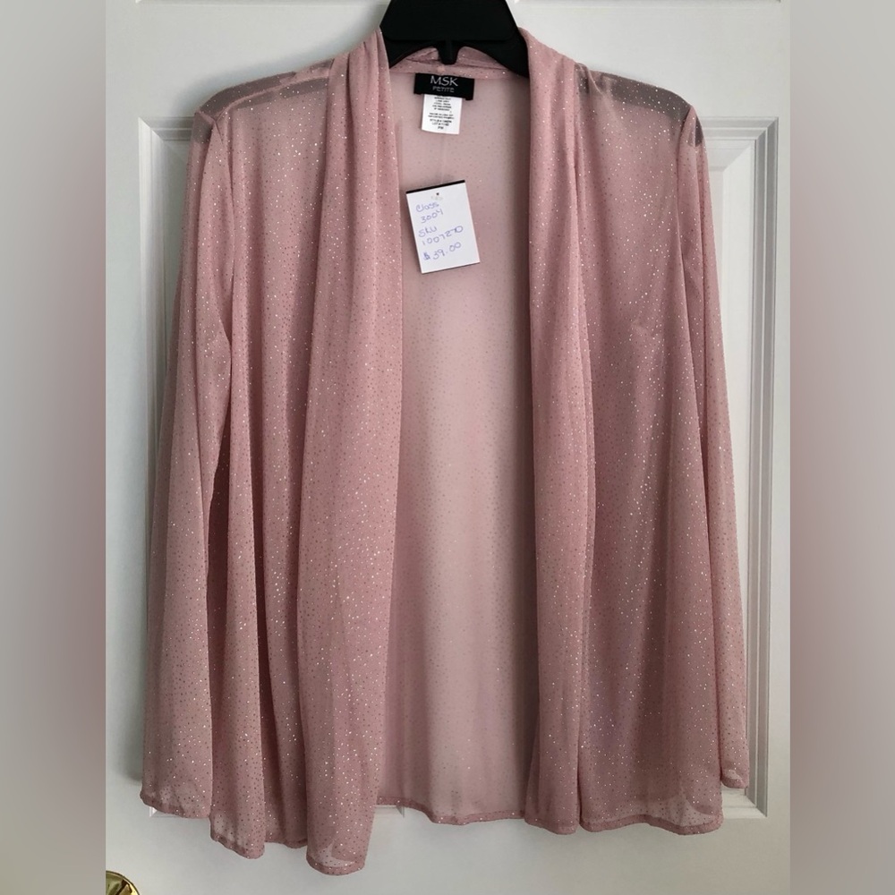 MSK WOMEN'S PETITE MEDIUM LIGHT PLUM KNITTED LONG SLEEVE CARDIGAN SHEER SWEATER